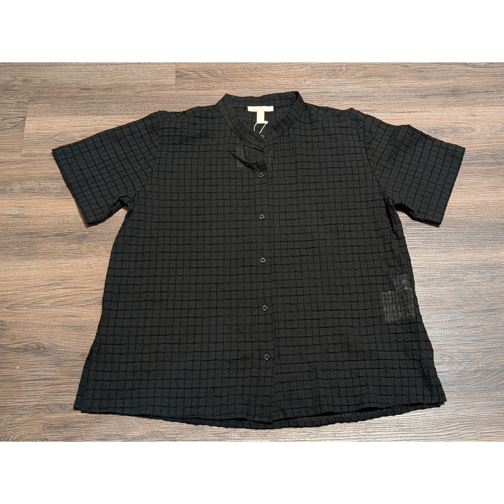 Eileen‎ Fisher Black Cotton Voile Box Mandarin Collar Shirt XS Sample